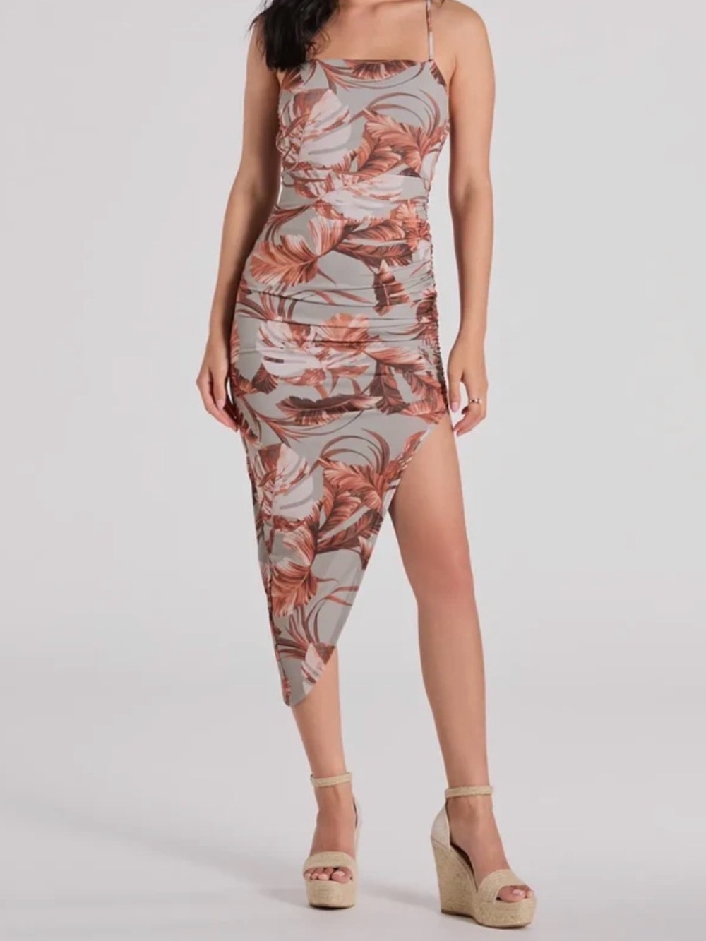 Windsor Gray Midi Slip Dress with Brown Tropical Print
